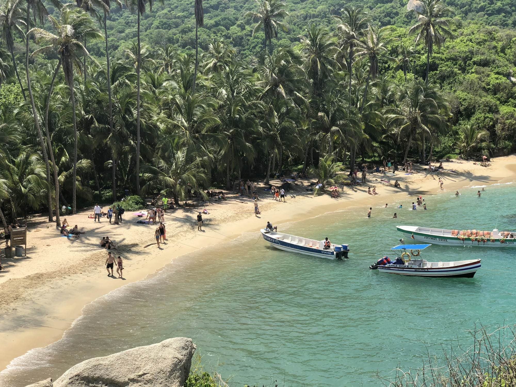 Palm-fringed Cabo San Juan beach curves around turquoise water with small boats in Tayrona National Park