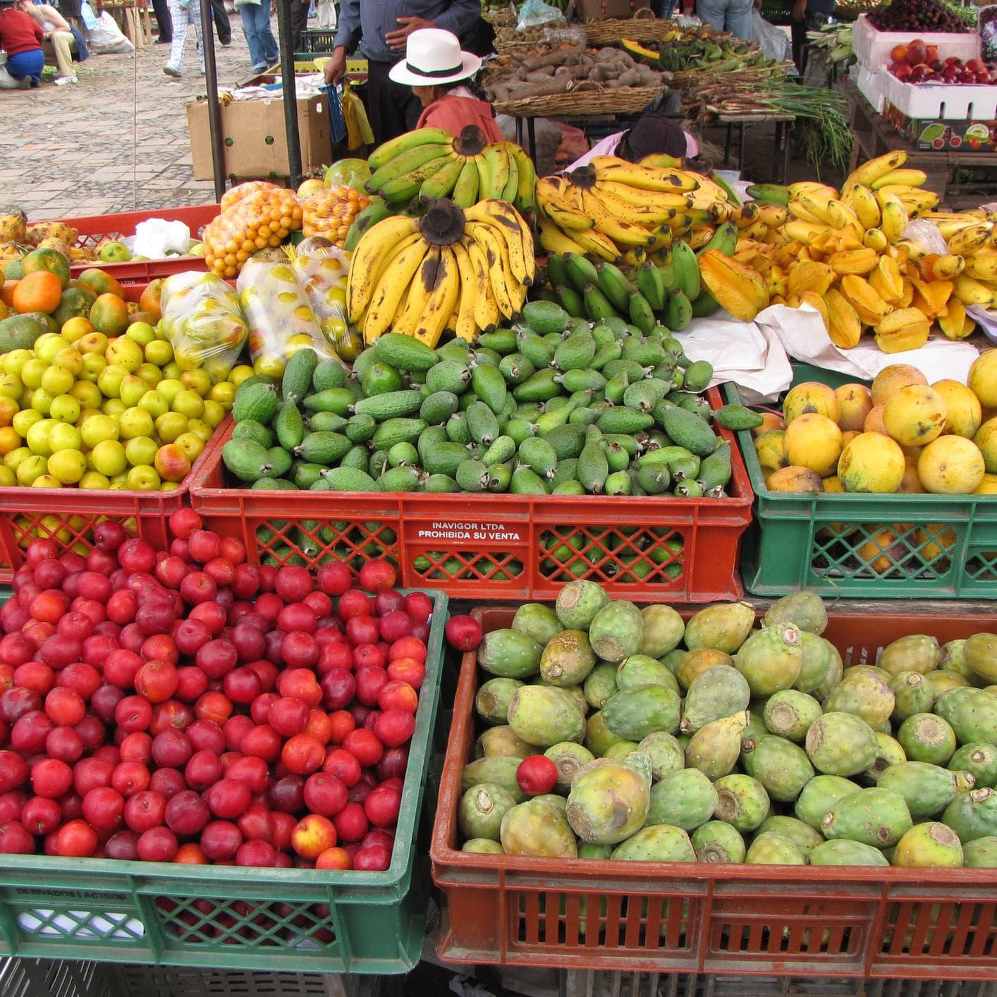 Cajas de bananos, ciruelas rojas y feijoas verdes apiladas en un mercado campesino colombiano