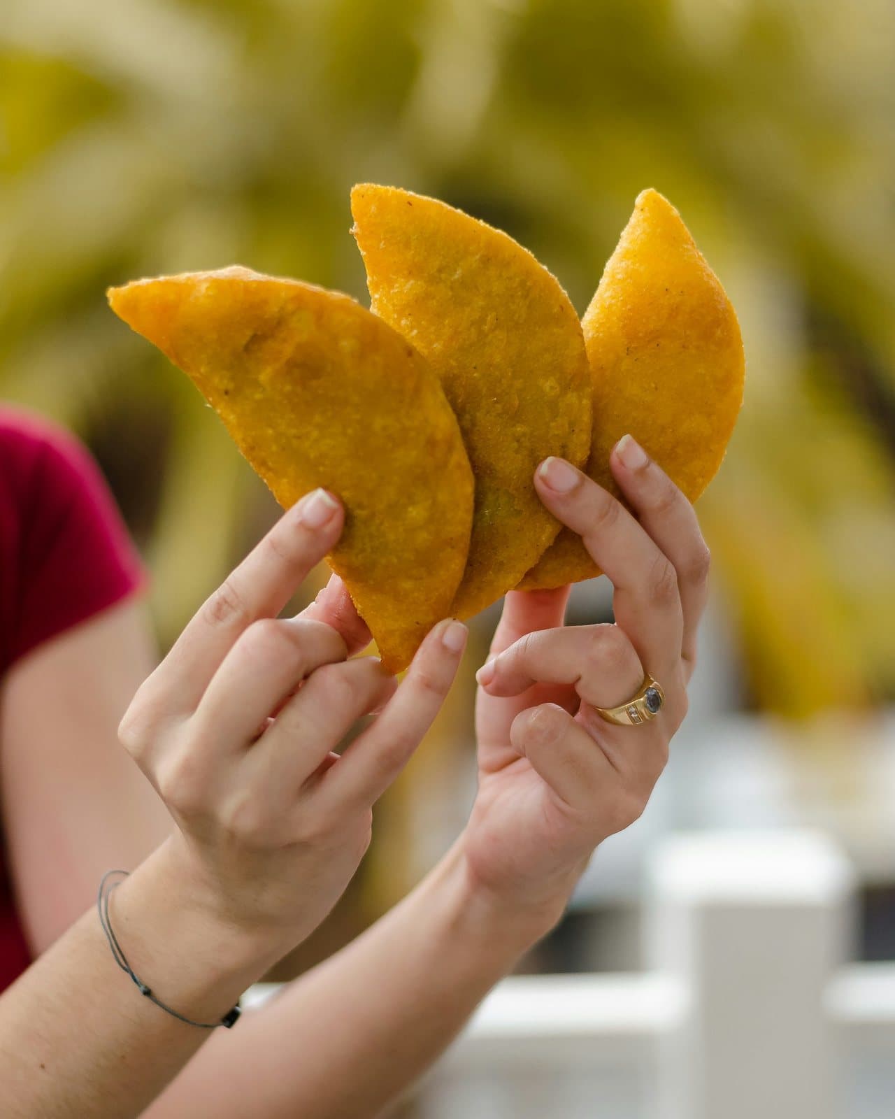 Manos levantan empanadas doradas y crocantes frente a un fondo soleado y desenfocado, listas para compartir