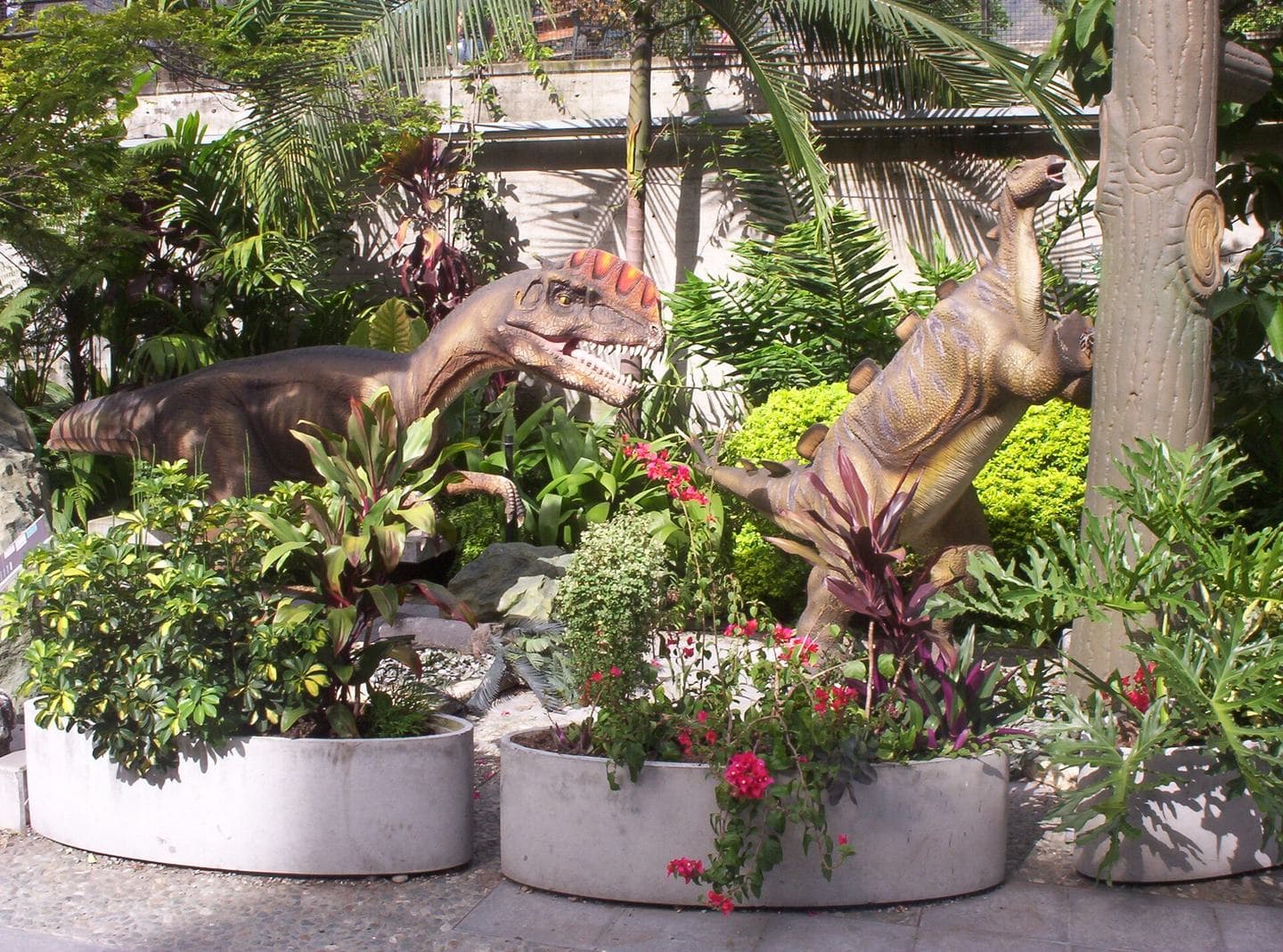 Modelos de dinosaurios a tamaño real entre plantas y flores tropicales en el Parque Explora de Medellín