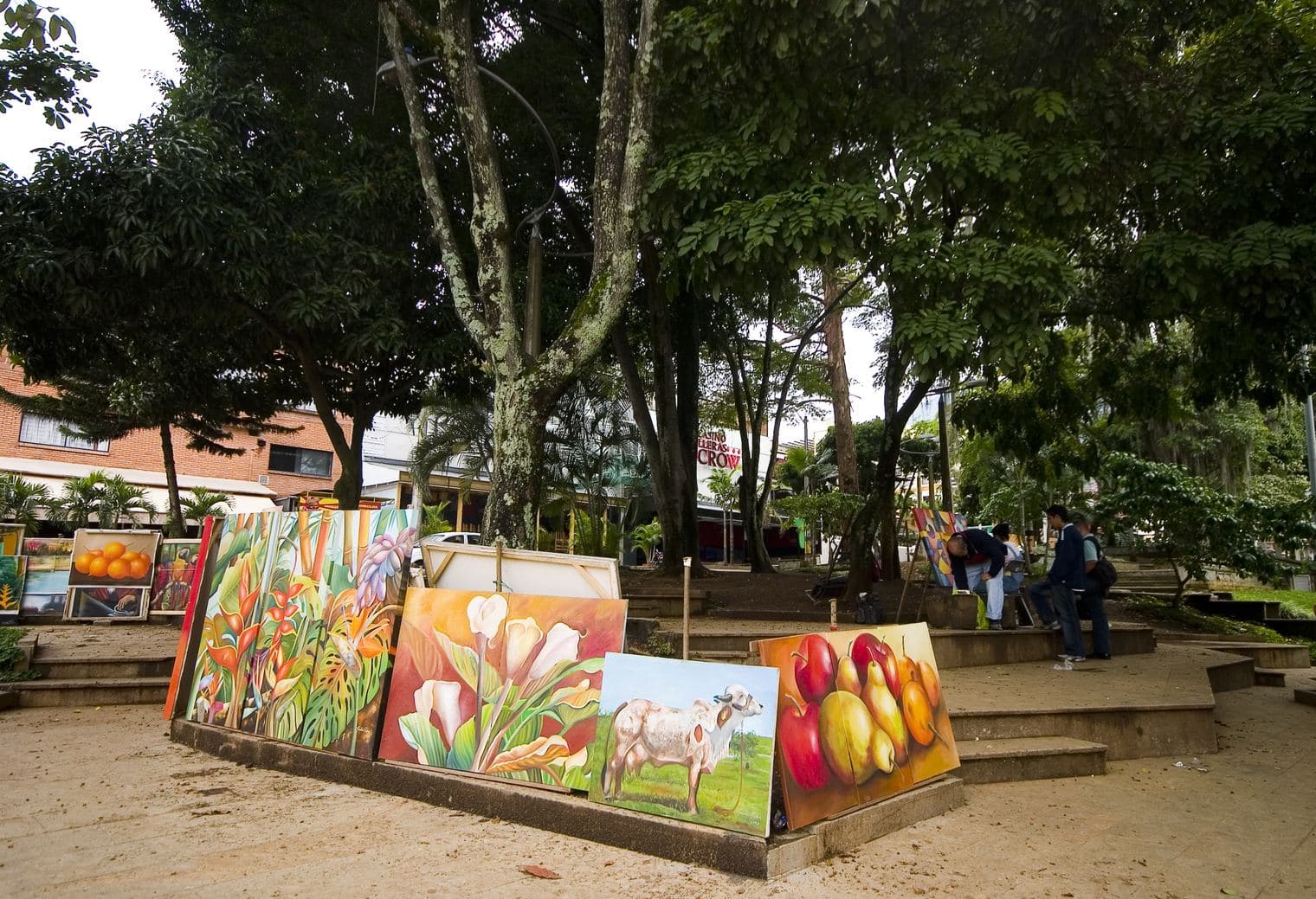 Colorful paintings displayed under the tall shade trees of Parque Lleras in El Poblado, Medellín